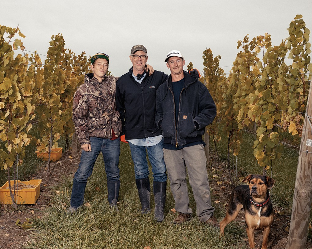 Harvest in September, 2015. (from left) John Swick, Vineyard Associate; Bruce Murray, co-owner; Kees Stapel, Vineyard Manager; Jackson, John's dog.