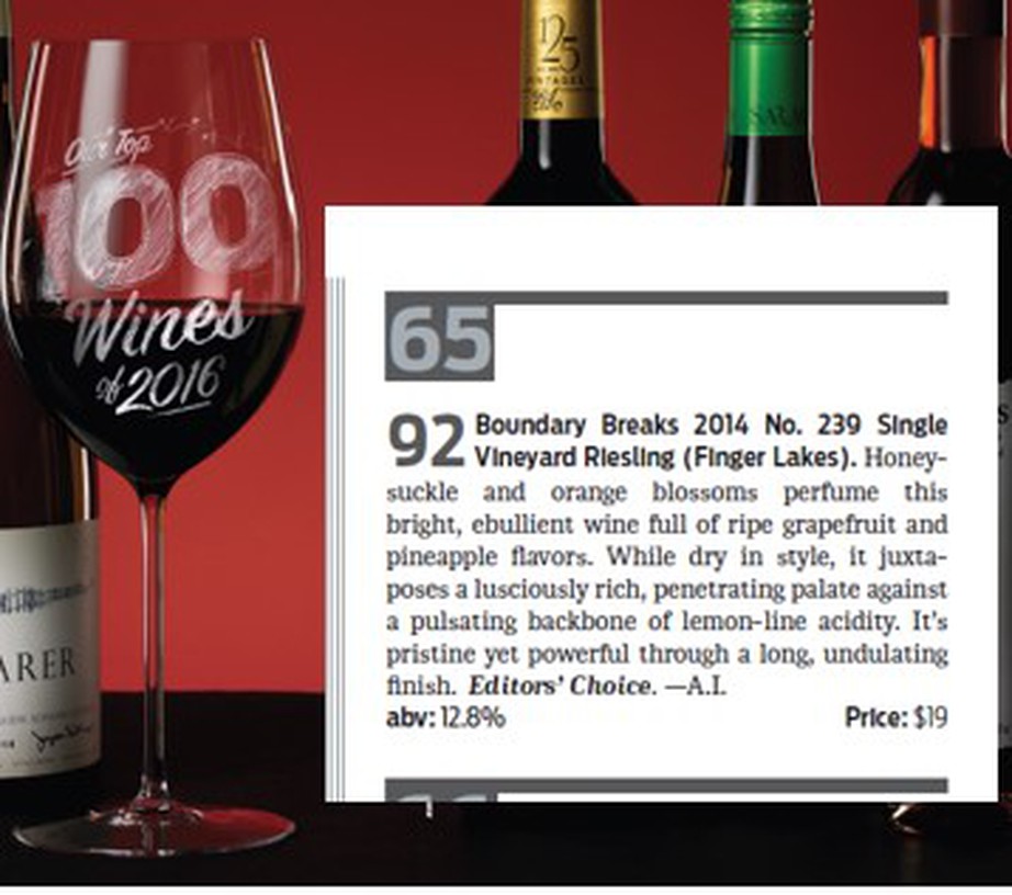 In 2014 the growing season was warm and dry. The Riesling fruit we harvested was very ripe and delivered a powerful complex flavor. Wine Enthusiast Magazine, again, in its list of Top Wines in the World for 2016, included this wine and ranked it #65. What makes each of these award-winning wines unique is the degree of ripeness we are able to achieve in the vineyard, which is unusual in a cool climate like the Finger Lakes. It reminds us, again, that our wines are "made in the vineyard."