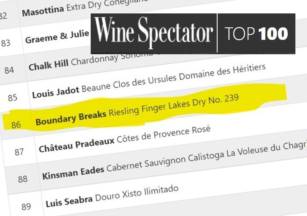 In 2021, Wine Spectator Magazine included the Boundary Breaks Dry Riesling #239 (2019) on its list of Top 100 Wines in the World.